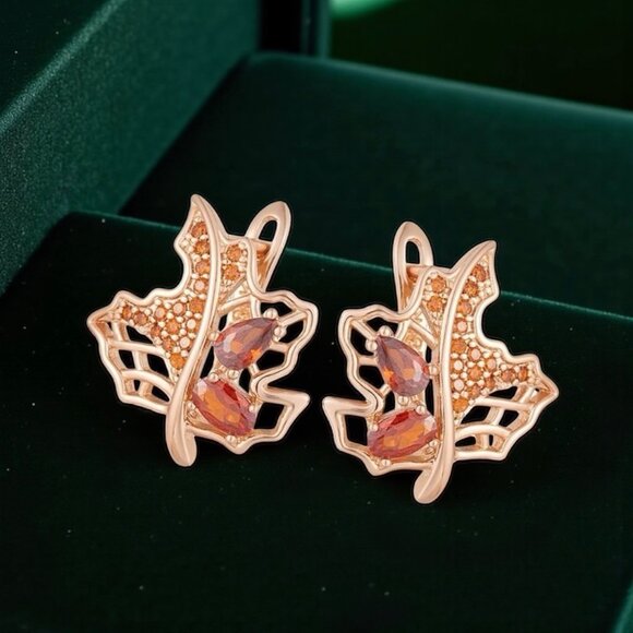 NEW Autumn Leaf Huggie Earrings Amber Crystals 14K Gold Plated Boho Classic Fall - Picture 1 of 10